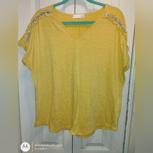 Chic Yellow V-Neck Blouse with Sparkling Shoulder Details